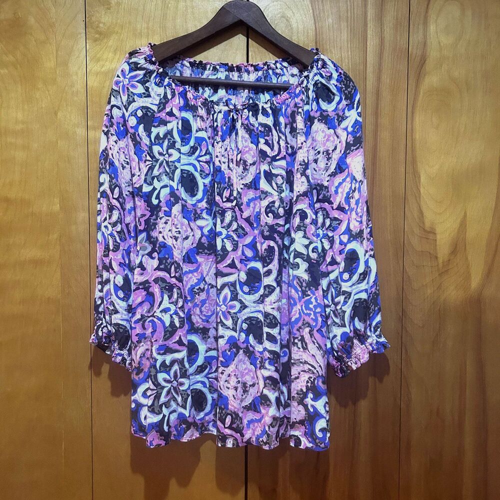 Talbots Womens Colorful Floral Print Blouse-Sz 3X-Ties at‎ neck-Artsy-Peasant